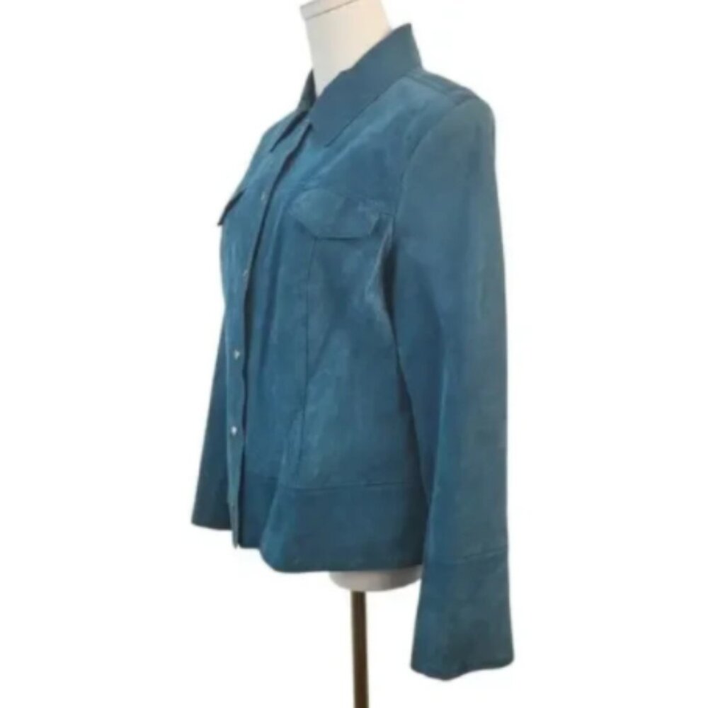 Valerie Stevens Medium Teal Blue Suede Leather Short Jacket Lined Snap Close - Picture 4 of 16